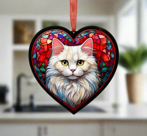 Persian Cat Stained Glass Effect Heart Suncatcher